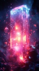 Glowing Crystal Monolith Surrounded by Luminous Shards in a Dark Atmosphere Radiating Vibrant Colors and Mystical Energy in a Futuristic Fantasy Setting