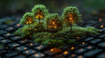 Digital Nature Concept with Trees and Grass on Keyboard Representing Harmony Between Technology and Environment for Stock Photo Use