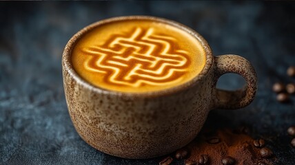 Beautiful latte art displayed in a rustic ceramic cup with intricate design on frothy coffee surface, surrounded by coffee beans and cocoa powder on dark background