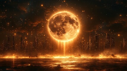 Naklejka premium Enigmatic Celestial Event: A Golden Moon Illuminates a Futuristic Cityscape with Fiery Glow and Otherworldly Vibes Over an Ocean at Dusk