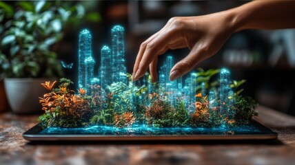 Hand Grasping Virtual Urban Greenery Emerging from Digital Device, Blending Nature with Technology in a Modern Concept of Sustainable Development