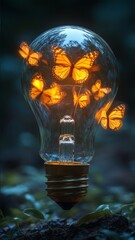 Magical Light Bulb with Butterflies Illuminating Nature's Beauty in an Enchanted Forest Setting, Symbolizing Ideas, Creativity, and Transformation Under Evening Glow