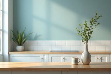 Minimal cozy counter mockup design for product presentation background. Kitchen interior blue color