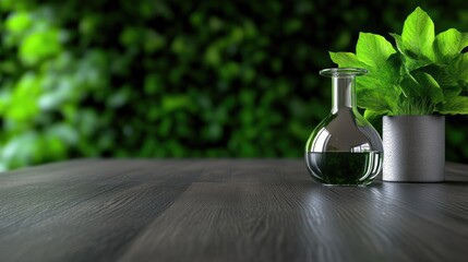 Dark wood table with greenery and flask