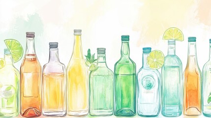 Vibrant Watercolor Illustration of Assorted Liquor Bottles with Citrus Garnish