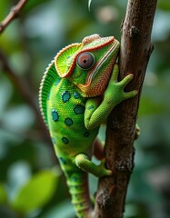 Veiled chameleon clinging to tree branch, vibrant green scales, camouflaged, africa, veiled chameleon