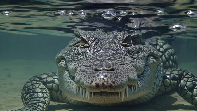 Underwater video shot of a crocodile swimming, captured from a low angle, showcasing its fierce expression and textured scales.