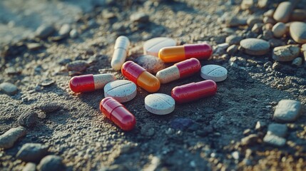 Colorful medication pills scattered on gritty ground, close up view