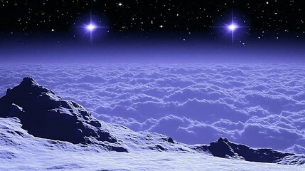 A surreal landscape features mountains clouds and a starry sky