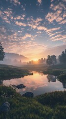 Misty Sunrise over River Valley
