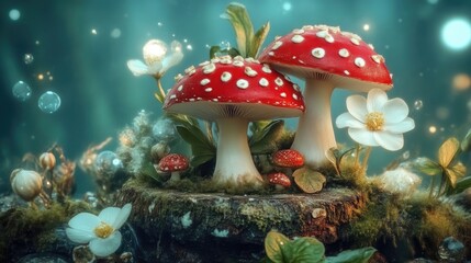 Mystical forest mushrooms with delicate flowers.  