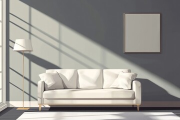 Sunny living room interior with white sofa and lamp