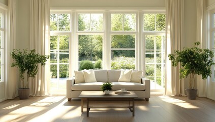 Sunny living room with patio view; interior design