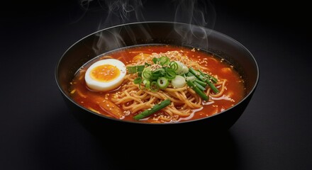 Bowl of steaming spicy ramyeon with an egg and green onions