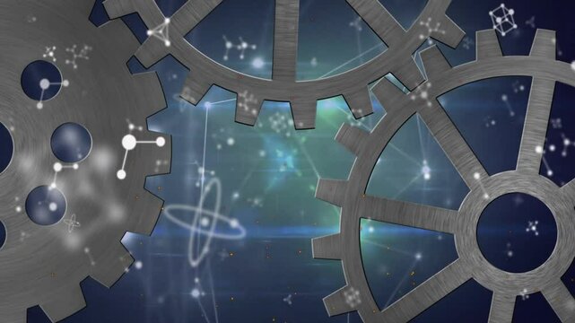 Animation of interlocking gears with molecular structures in cosmic background