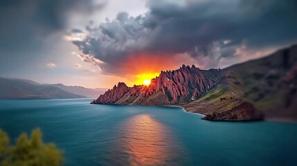 Dramatic mountain sunset over tranquil lake