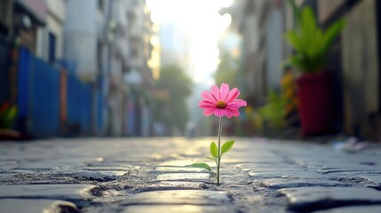 Pink flower sprouts through city street