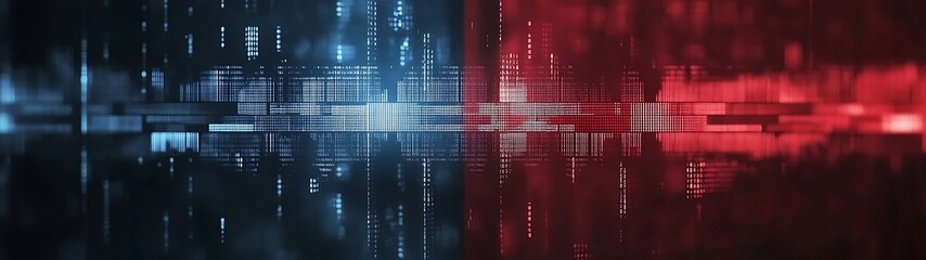 A digitally rendered image with divided blue and red elements