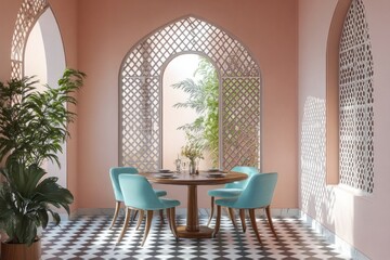 Pink Moroccan Patio Dining Room with Teal Chairs