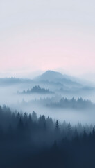 Fototapeta premium Fog Rolling Through Evergreen Forest on Mountain Range at Dawn phone background wallpaper