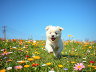 Happy Puppy Running Through Wildflowers in a Sunlit Meadow. Generative AI