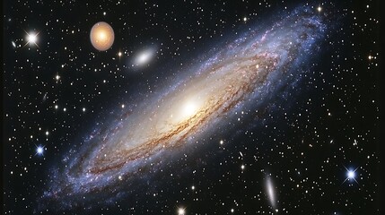 Fototapeta premium A spiral galaxy with other celestial bodies in the cosmic space