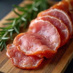 Delicious Slices of Prosciutto Ham on Wooden Board with Fresh Rosemary. Generative AI