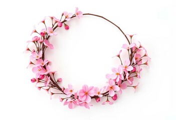 Obraz premium Delicate pink flower wreath on pure white background, pink flowers, petals