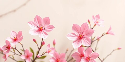 Fototapeta premium Delicate pink paper cut flower blossoms on spring-themed background with ample copy space, springtime, greeting card