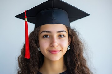 A smiling young woman wearing a graduation cap is posing