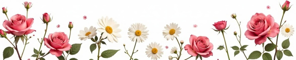 Fototapeta premium Delicate vintage roses and daisies on white background seamless pattern, classic, floral, wallpaper
