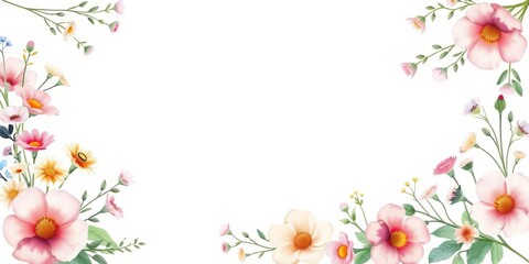 Fototapeta premium Delicate watercolor corner frame adorned with charming floral bouquets in soft pastel hues, feminine, illustration