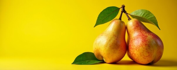 - Close-up of juicy pears with vibrant leaves on bright yellow backdrop, fall, yellow, agriculture