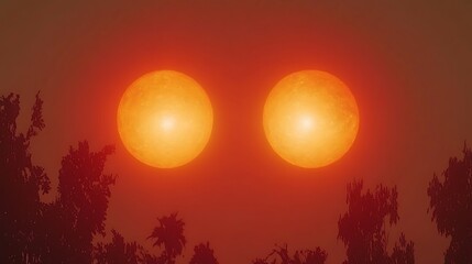 Obraz premium Two luminous celestial bodies shine above tree silhouettes at dusk