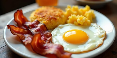 A delicious breakfast spread with sunny-side-up eggs, crispy bacon, and golden hashbrowns on a plate, plate, food, bacon