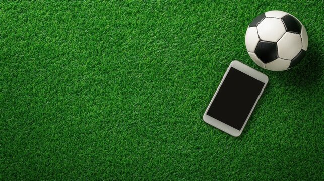 A football rests beside a modern smartphone on the lush green field, representing sports and technology integration.