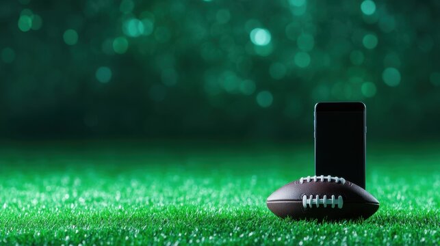 A football rests beside a modern smartphone on the lush green field, representing sports and technology integration. - Powered by Adobe