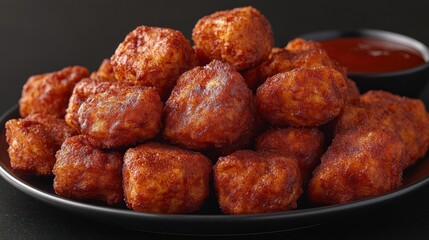Crispy, golden-brown potato bites, piled high on a plate, with a side of spicy sauce