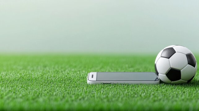 A mobile phone displaying a live football match lies next to a soccer ball on a well-maintained sports field.
