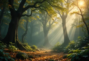 Fototapete Rund Magical Autumn Forest Sunlight Rays Path Trees Nature Fog Mist Fall Woods Green Scene Image Leaves   © Meenaxi
