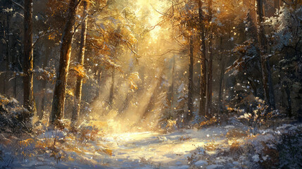 Fototapeta premium A beautiful winter forest, with tall trees covered in snow and sunlight shining through the branches