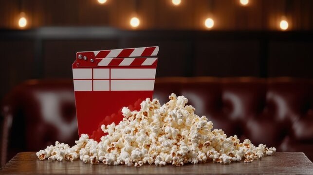 A vintage-style movie night setup with a retro clapperboard and popcorn spilling over.
