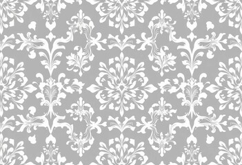 Elegant geometric floral damask patterns in white and gray; seamless vector backgrounds, arabesque,  seamless pattern