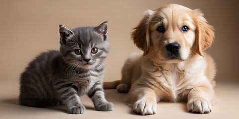 Fototapeta premium Adorable golden retriever puppy and gray tabby kitten sitting together on a neutral beige background, symbolizing friendship, companionship, and the loving bond between pets