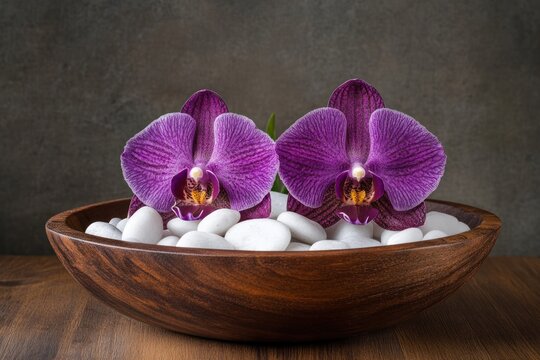 Two purple orchids in wooden bowl with white stones on a wooden table - Powered by Adobe
