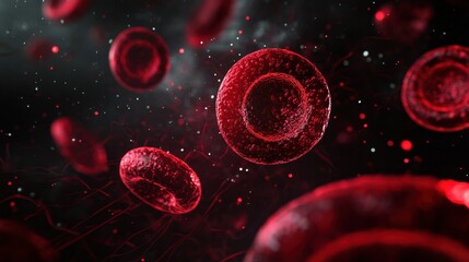 Abstract digital rendering of red blood cells encased in shimmering bubbles against a dark medical-themed background.