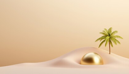 A minimalist scene of a palm tree and a golden dome resting on soft sand.