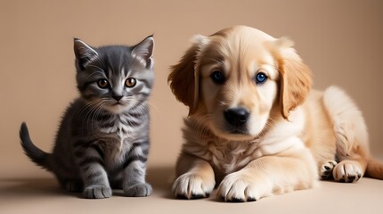 Adorable golden retriever puppy and gray tabby kitten sitting together on a neutral beige background, symbolizing friendship, companionship, and the loving bond between pets

