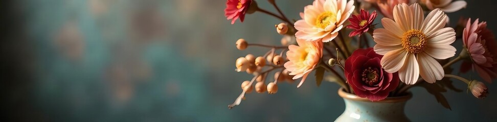 Beautiful arrangement of beige and maroon dried flowers in vintage vase, nature-inspired, muted colors