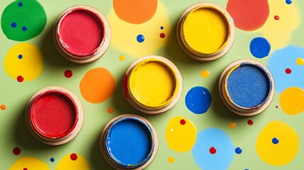 Colorful pots of paint scattered on a green speckled background